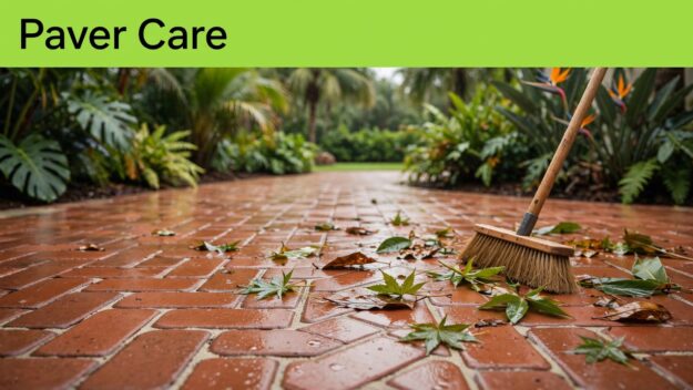 Rainy Brick Paver Patio A broom sweeps wet leaves from a terracotta patio beneath a green banner.