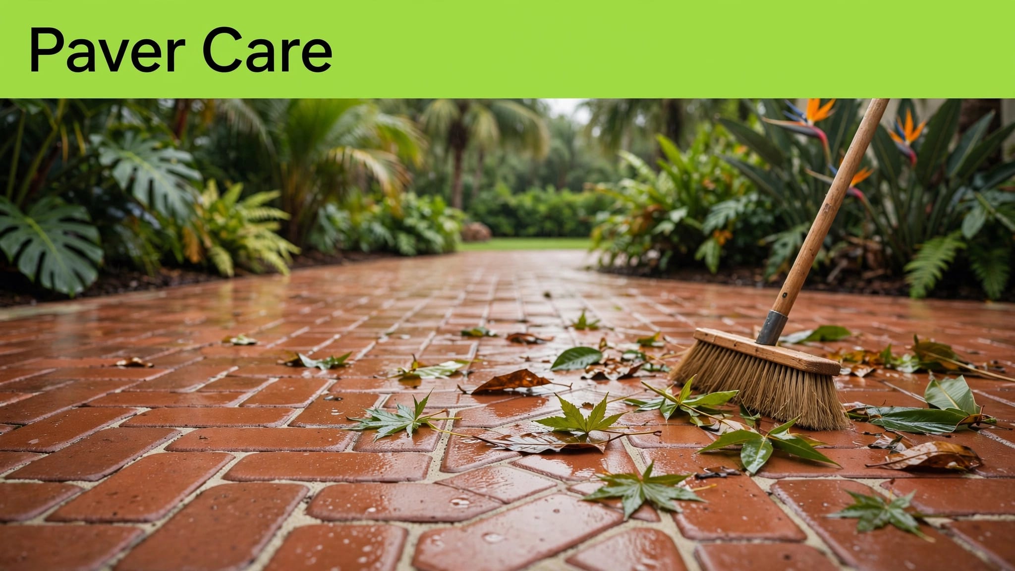 Rainy Brick Paver Patio A broom sweeps wet leaves from a terracotta patio beneath a green banner.