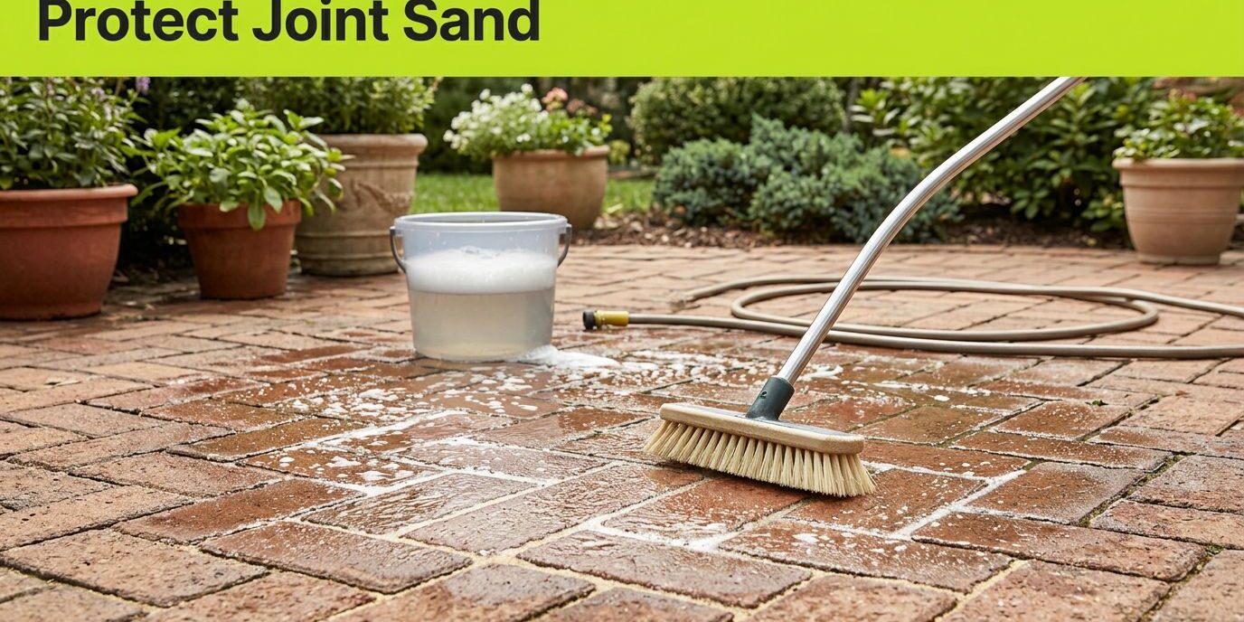 Brick Paver Patio Cleaning A brush and gentle stream of water clean brick pavers beside a bucket, leaving the sand-filled joints intact.