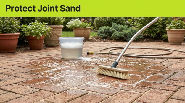 Brick Paver Patio Cleaning A brush and gentle stream of water clean brick pavers beside a bucket, leaving the sand-filled joints intact.