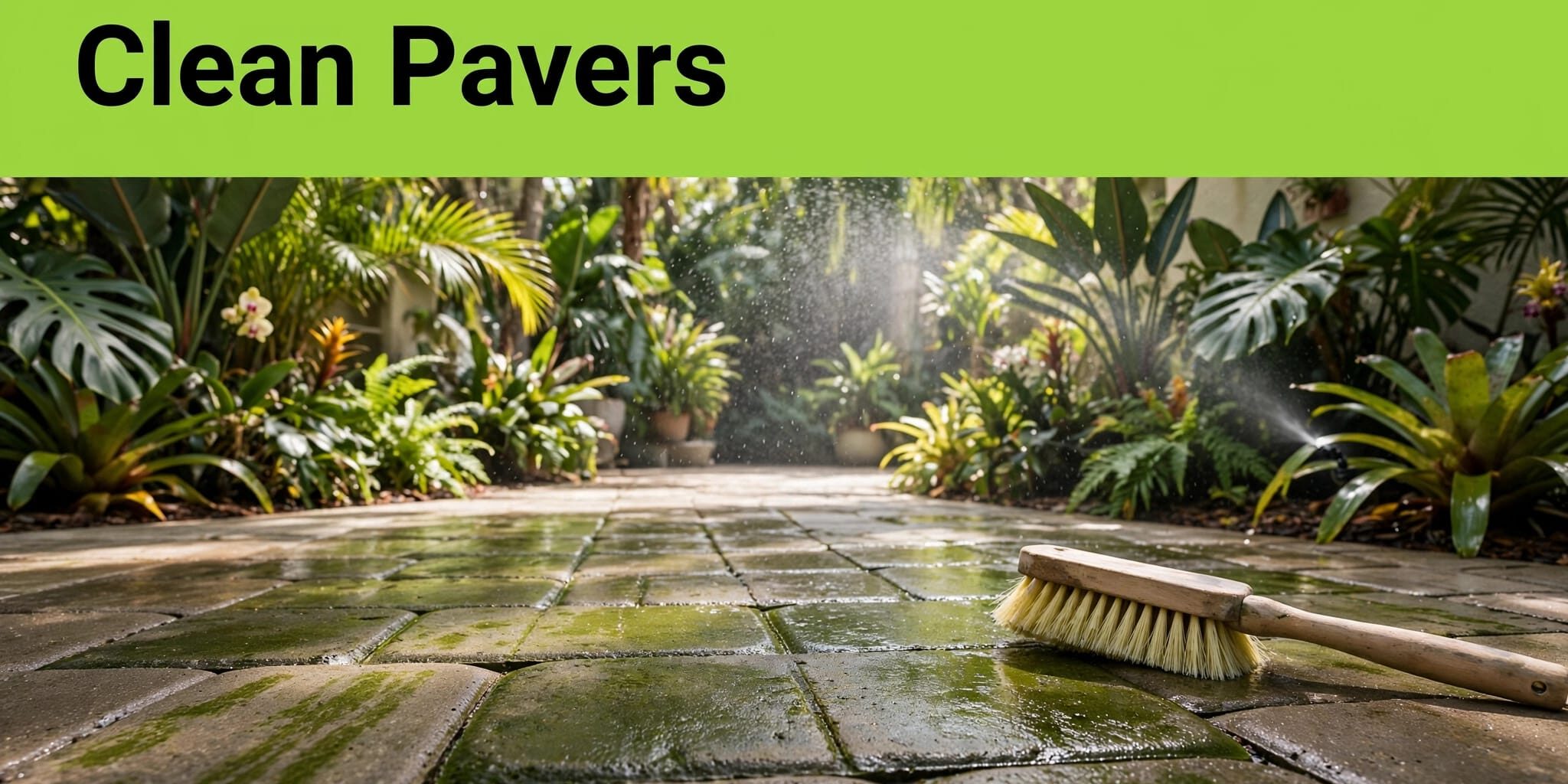 Algae Covered Patio Pavers Green algae covers shaded patio stones beside a cleaning brush, with tropical plants in the background.