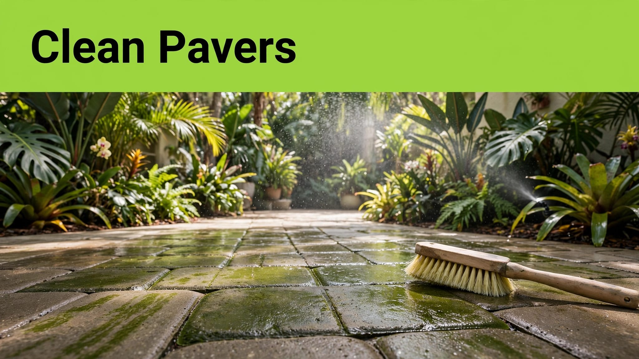 Algae Covered Patio Pavers Green algae covers shaded patio stones beside a cleaning brush, with tropical plants in the background.