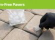 A gloved hand scrapes gum from stone pavers beside a small bag of ice.