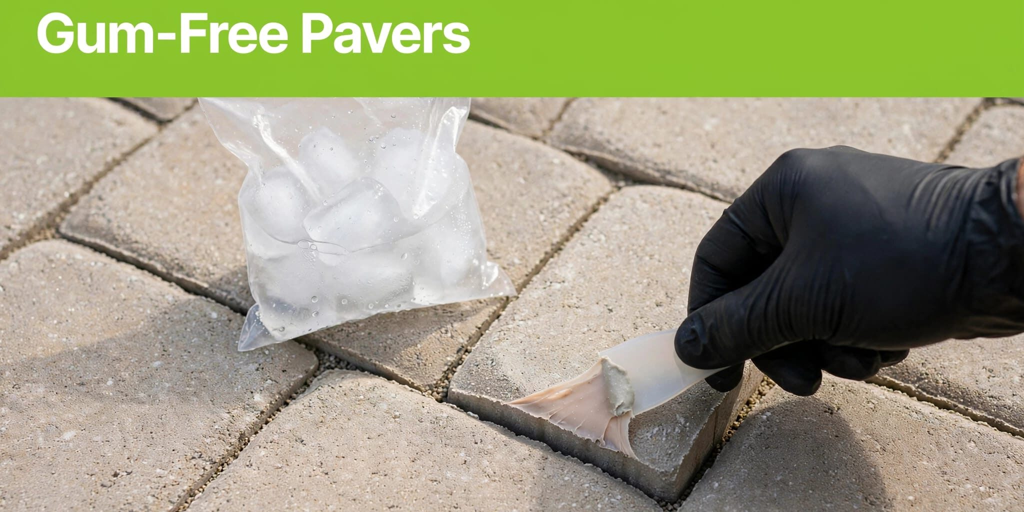 Gum Removal From Pavers A gloved hand scrapes gum from stone pavers beside a small bag of ice.