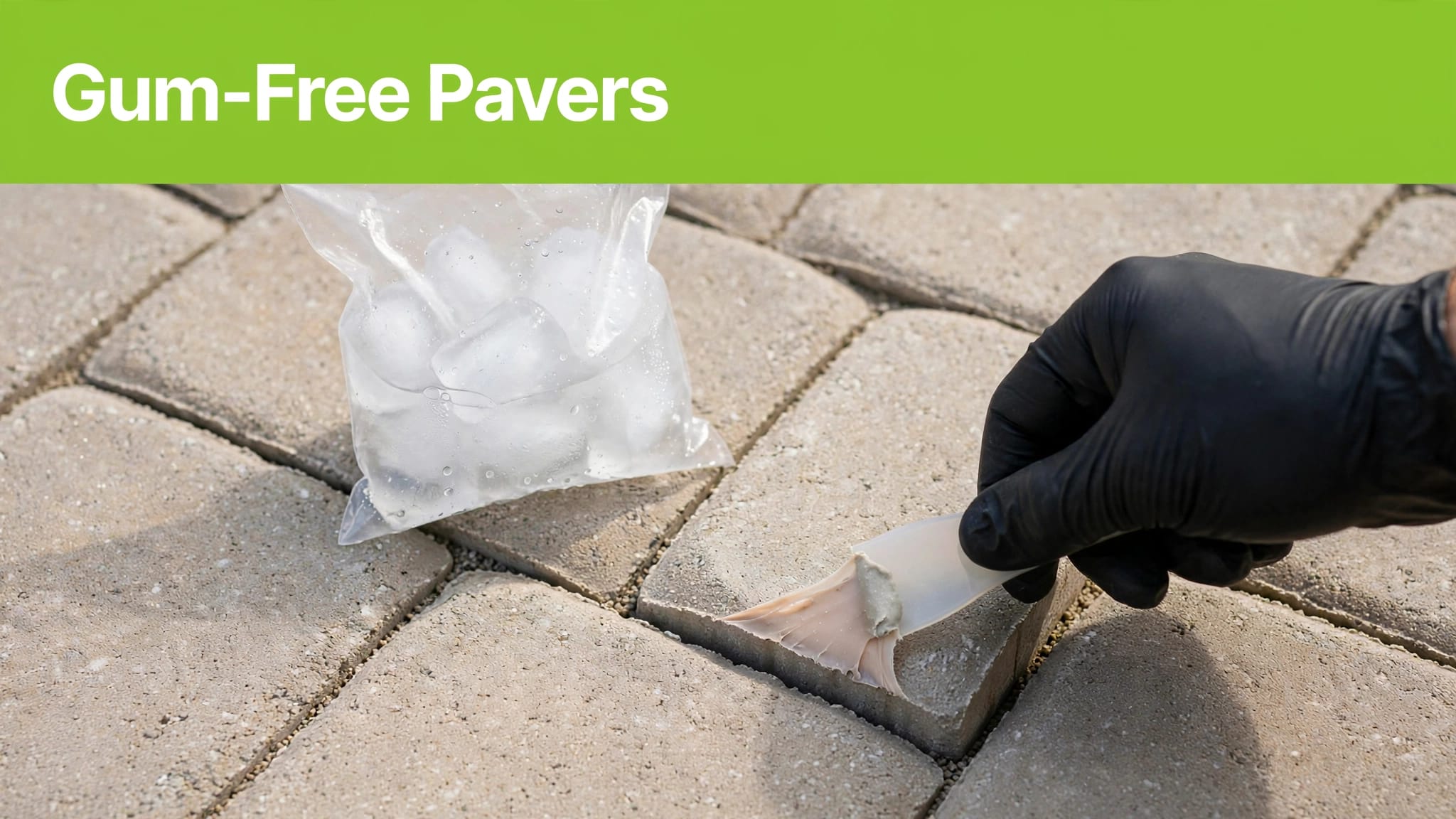 Gum Removal From Pavers A gloved hand scrapes gum from stone pavers beside a small bag of ice.