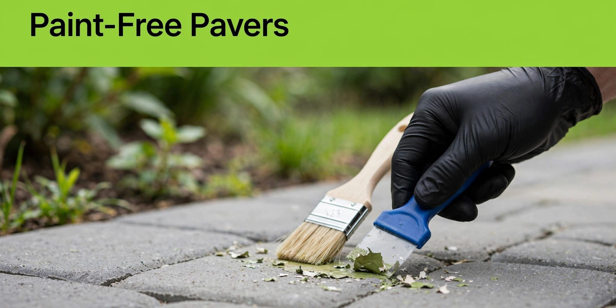 Paint Removal From Pavers A gloved hand scrapes dried paint from a concrete paver beneath a green banner.