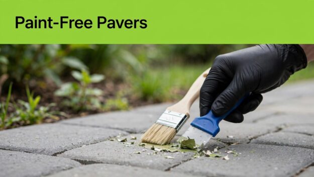 Paint Removal From Pavers A gloved hand scrapes dried paint from a concrete paver beneath a green banner.