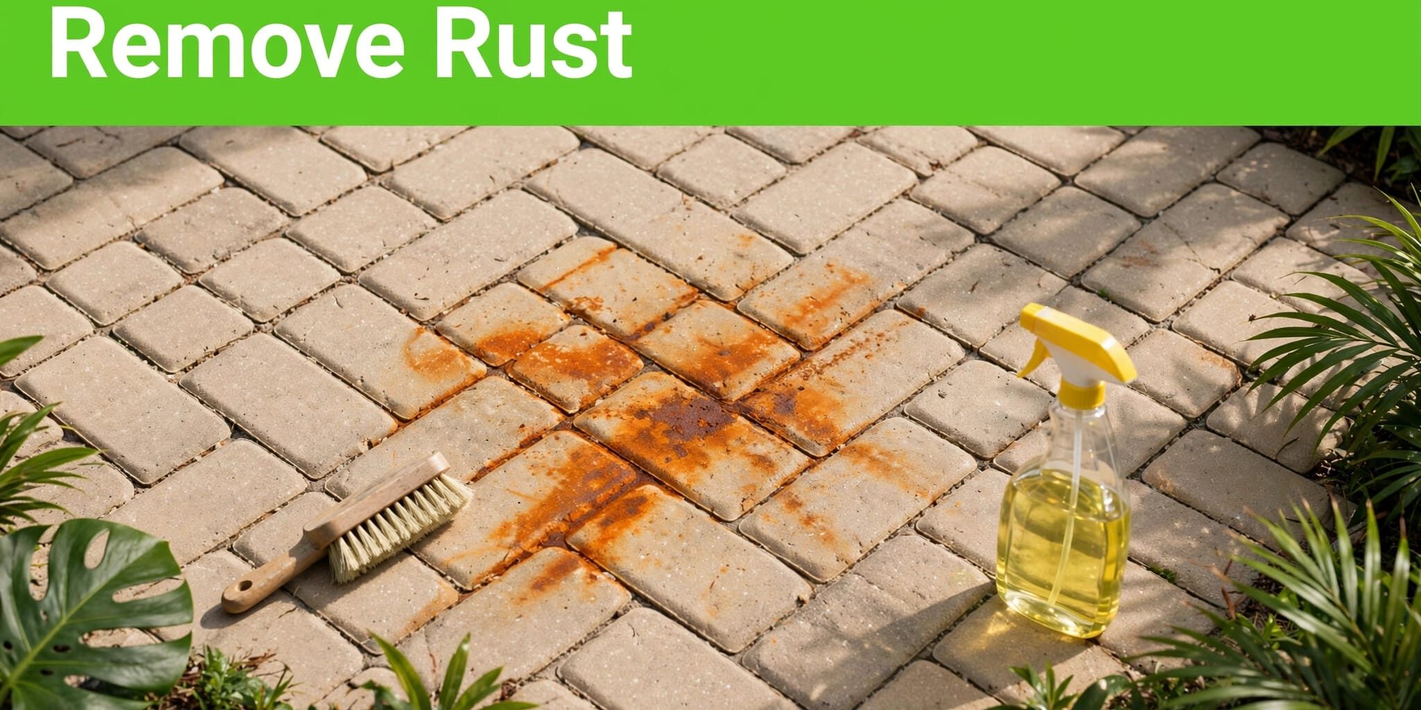 Rust-Stained Brick Pavers An orange rust mark on brick pavers beside a scrub brush and cleaner.