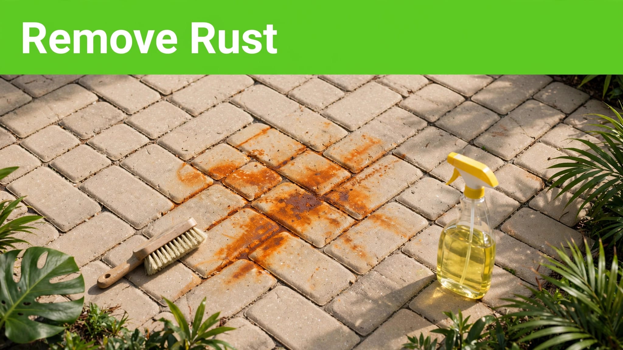 Rust-Stained Brick Pavers An orange rust mark on brick pavers beside a scrub brush and cleaner.