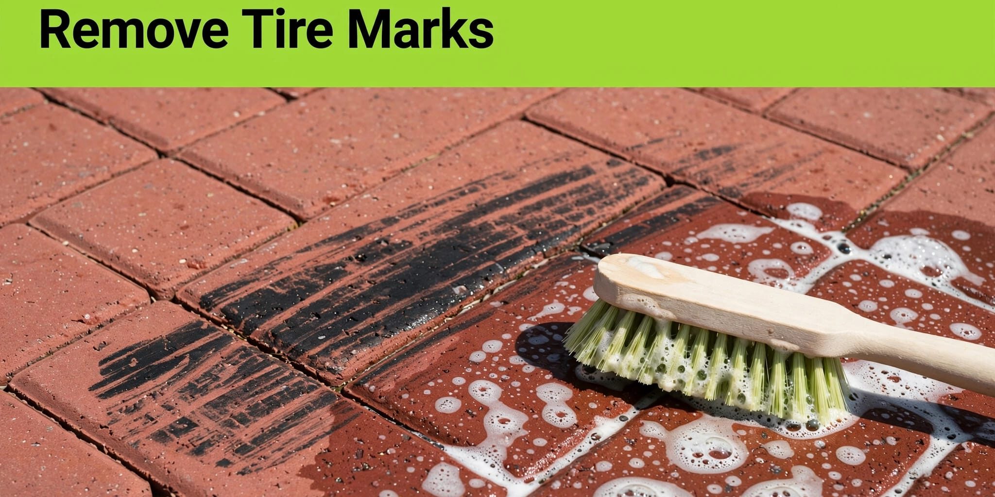 Tire Scuff on Red Pavers A dark tire scuff on red brick pavers beside a scrub brush and soapy water.