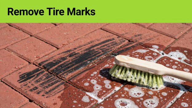 Tire Scuff on Red Pavers A dark tire scuff on red brick pavers beside a scrub brush and soapy water.