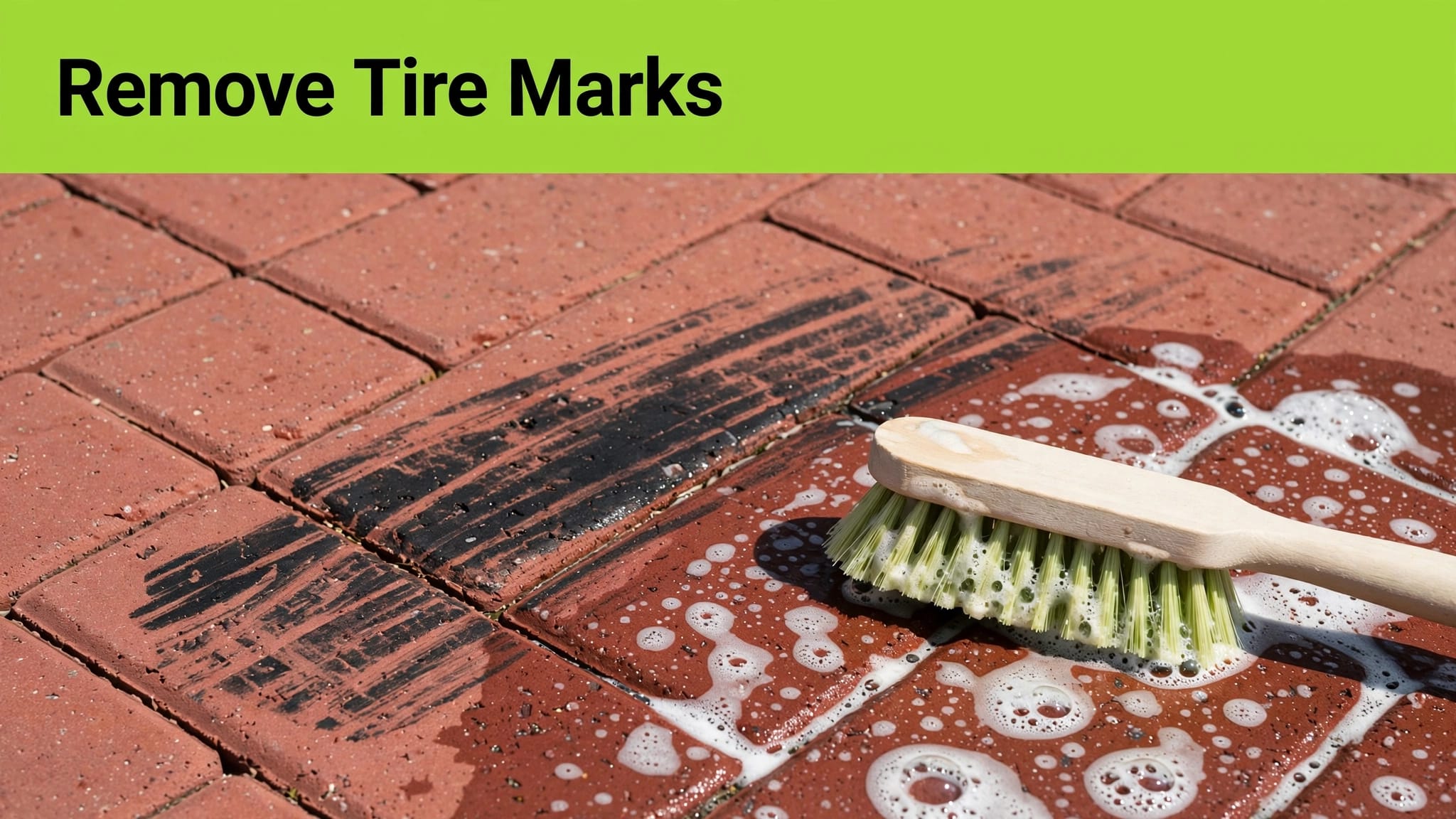 Tire Scuff on Red Pavers A dark tire scuff on red brick pavers beside a scrub brush and soapy water.