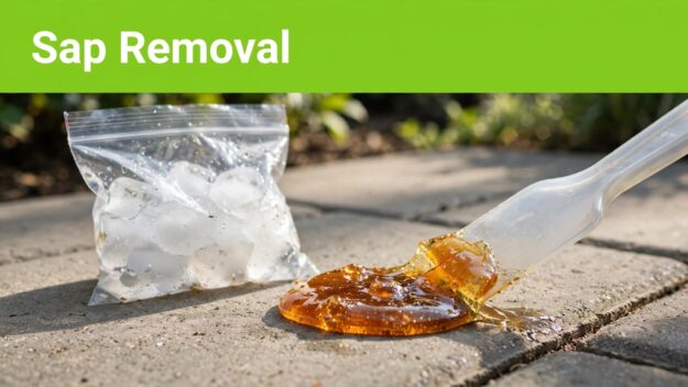 Tree Sap Removal Amber sap on patio pavers beside a bag of ice and plastic scraper.