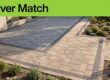 Matching stone pavers extend an existing patio beside a slim green headline band.