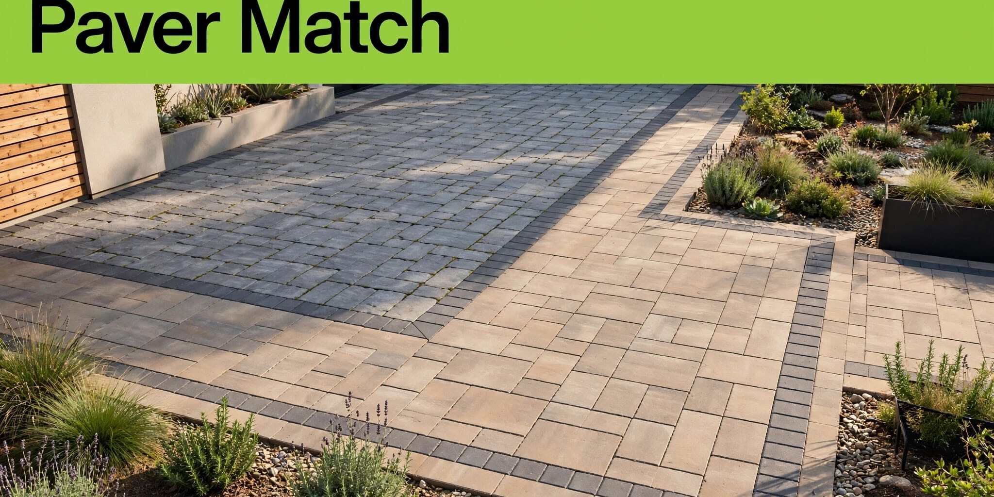 Coordinated Patio Paver Junction Matching stone pavers extend an existing patio beside a slim green headline band.
