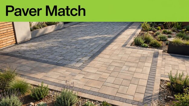 Coordinated Patio Paver Junction Matching stone pavers extend an existing patio beside a slim green headline band.