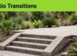 Stone steps and a broad paver landing sit beside an existing patio, with greenery and a green caption banner.