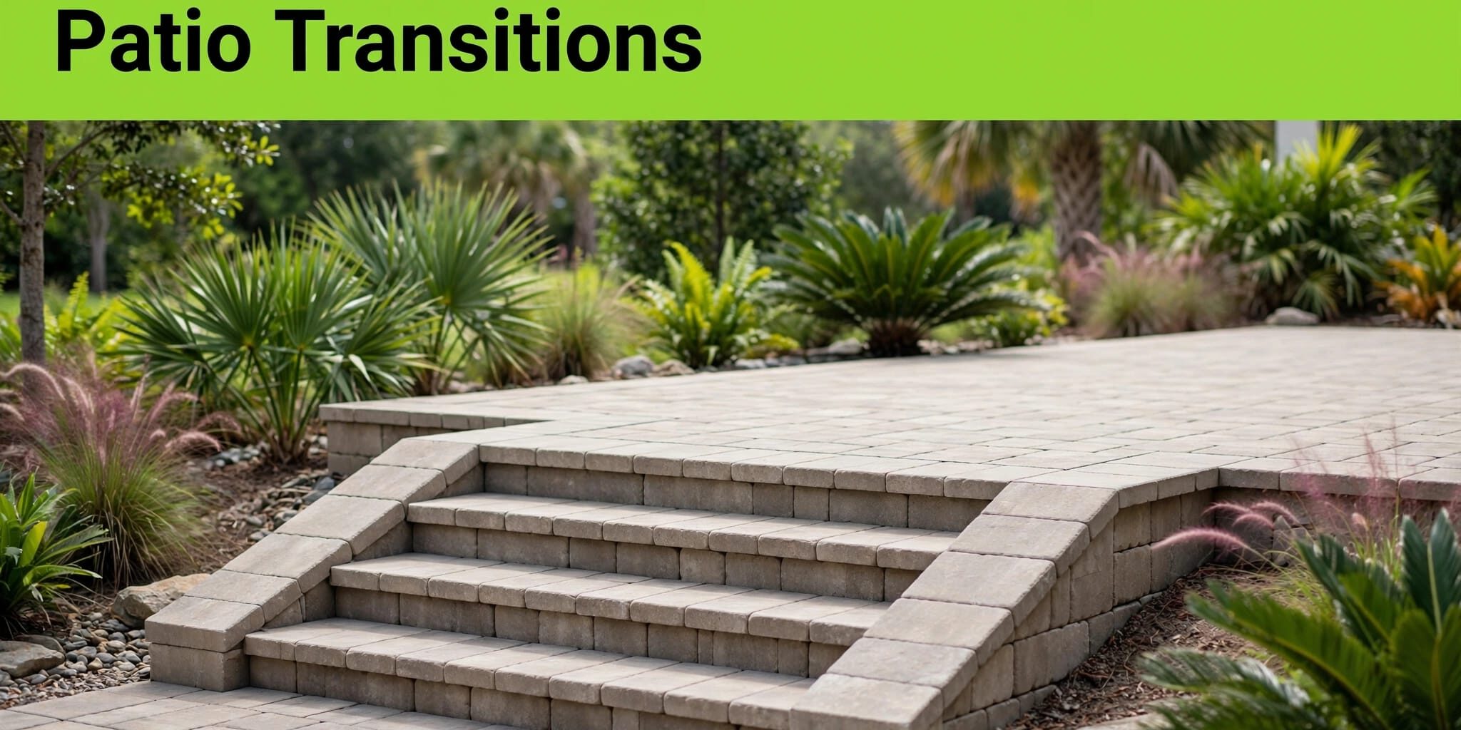 Paver Steps and Landing Stone steps and a broad paver landing sit beside an existing patio, with greenery and a green caption banner.