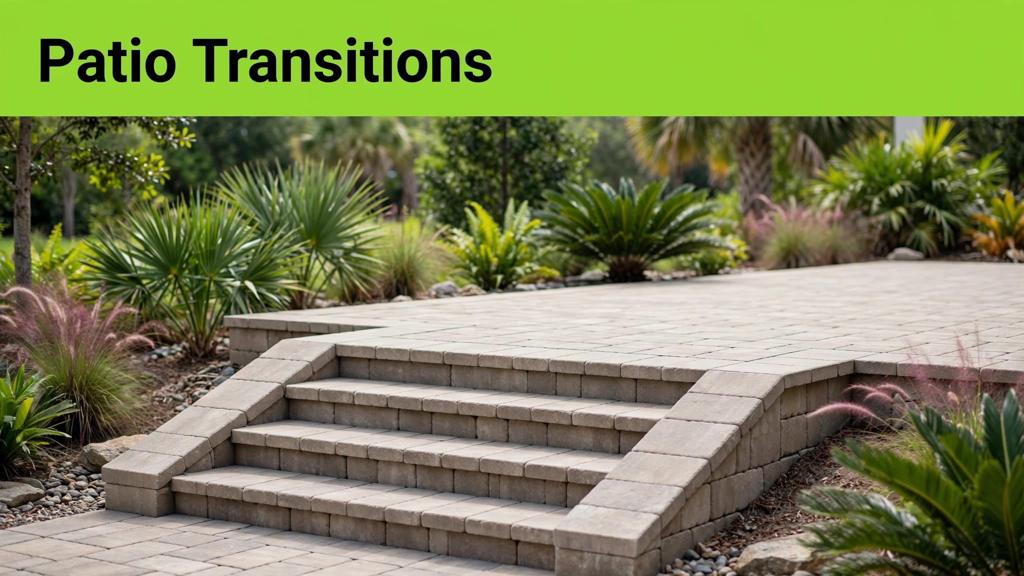 Paver Steps and Landing Stone steps and a broad paver landing sit beside an existing patio, with greenery and a green caption banner.