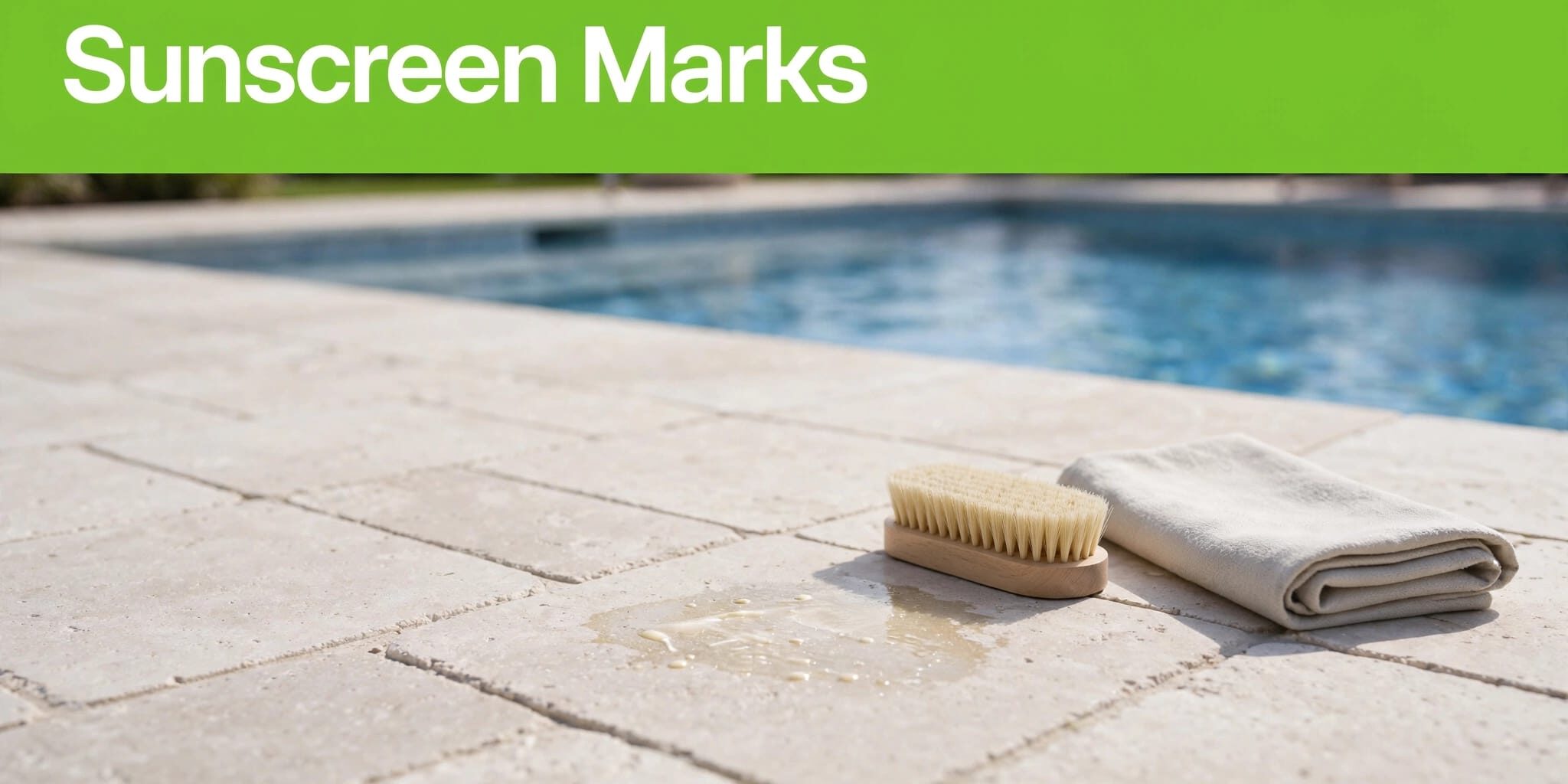Pool Deck Sunscreen Mark A sunscreen mark on pale pavers beside a brush and folded cloth, with a pool in the background.