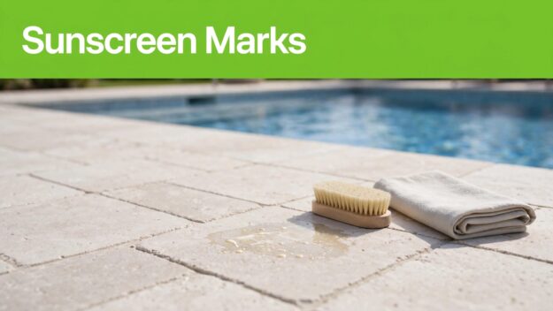 Pool Deck Sunscreen Mark A sunscreen mark on pale pavers beside a brush and folded cloth, with a pool in the background.