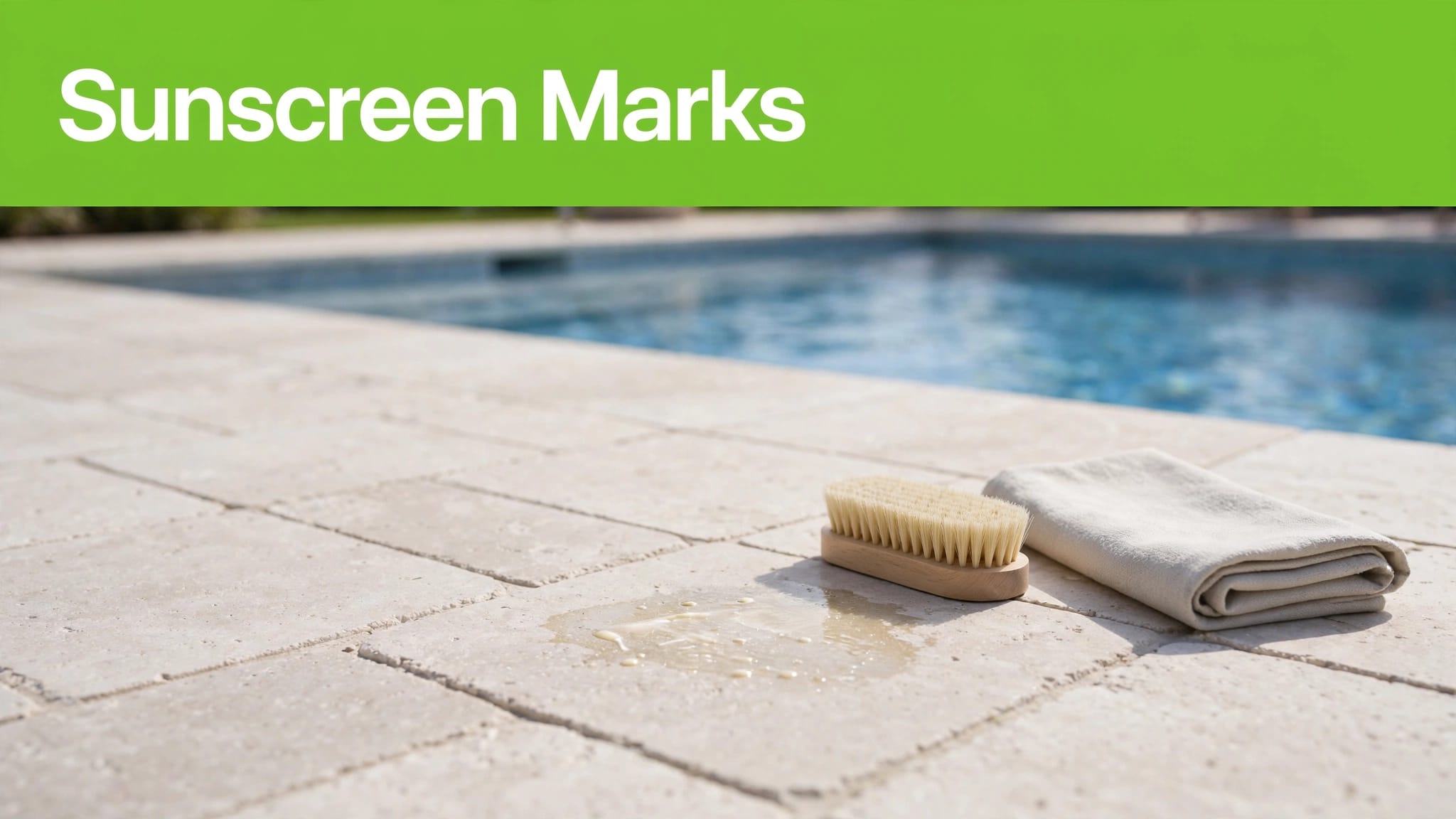 Pool Deck Sunscreen Mark A sunscreen mark on pale pavers beside a brush and folded cloth, with a pool in the background.