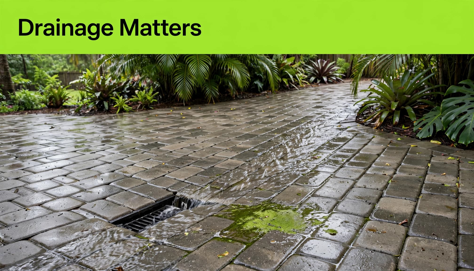Water flows across patio pavers toward a drain beside a small green algae patch.