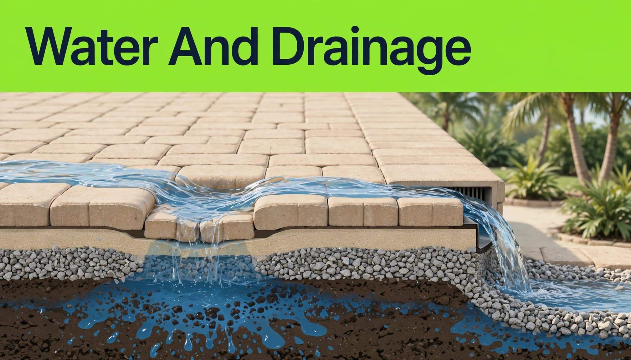 Illustrated paver patio drainage showing a low spot and water movement near a garden edge.