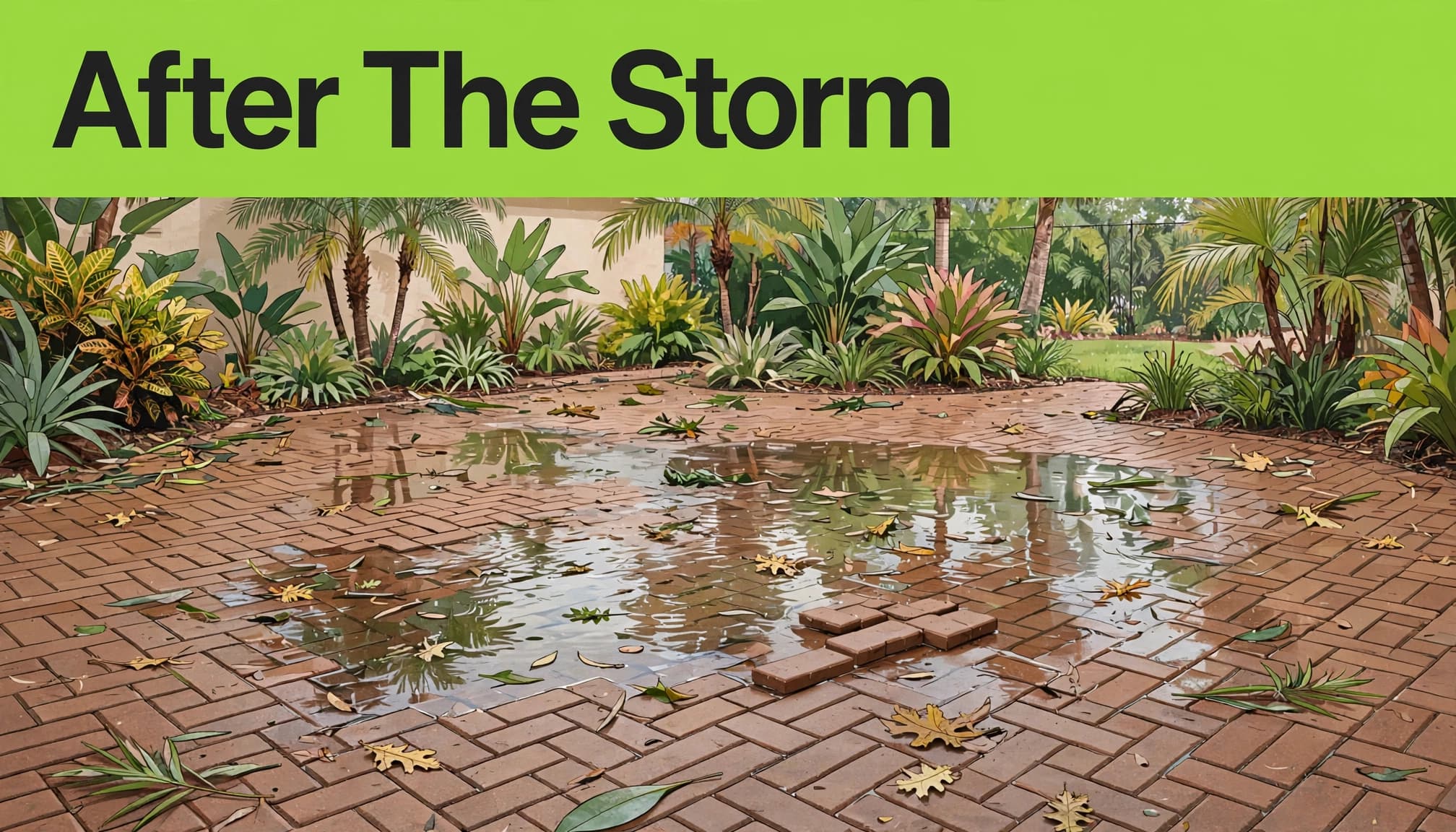 Paver patio inspection illustration showing uneven paving and shallow pooling after a Florida storm.