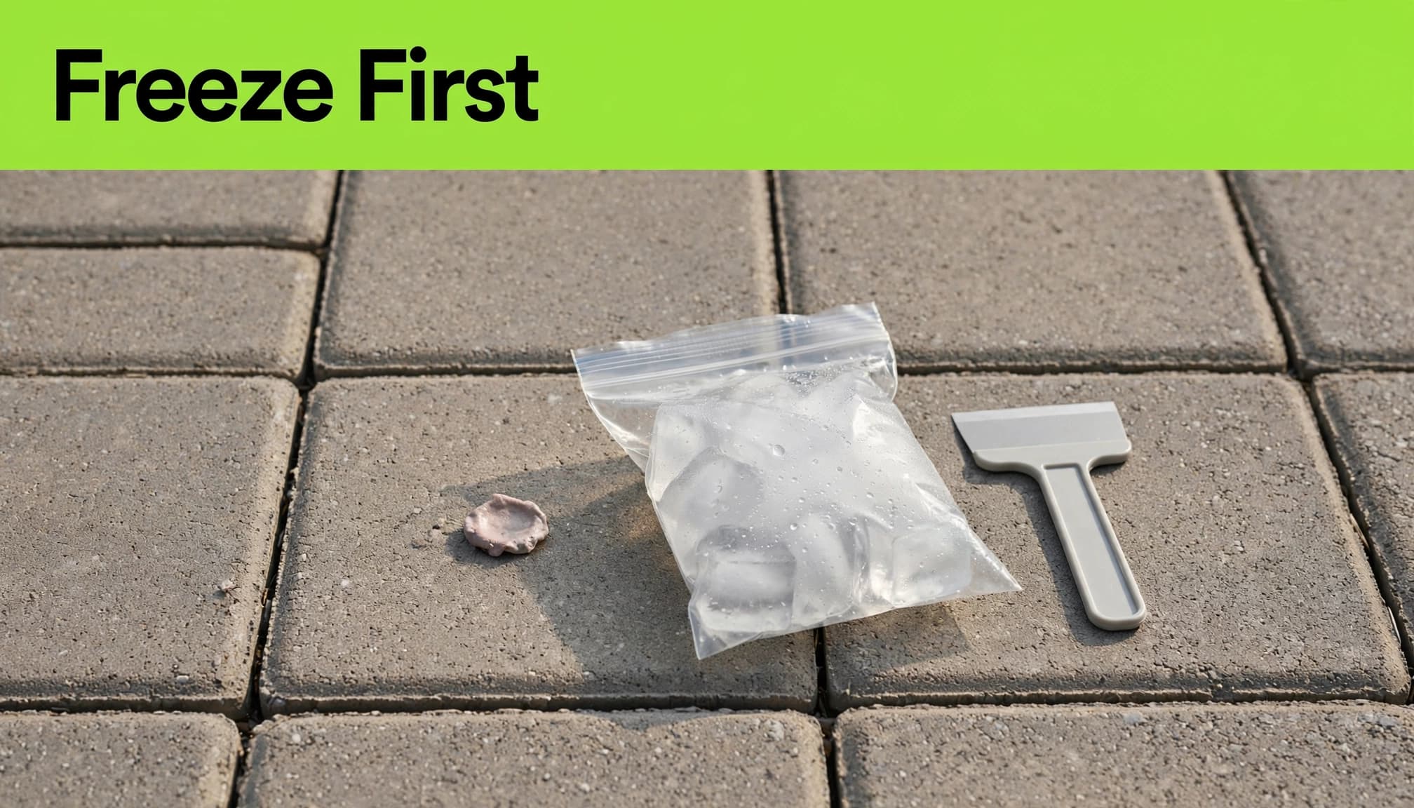 Bagged ice and a plastic scraper used to remove gum from pavers.