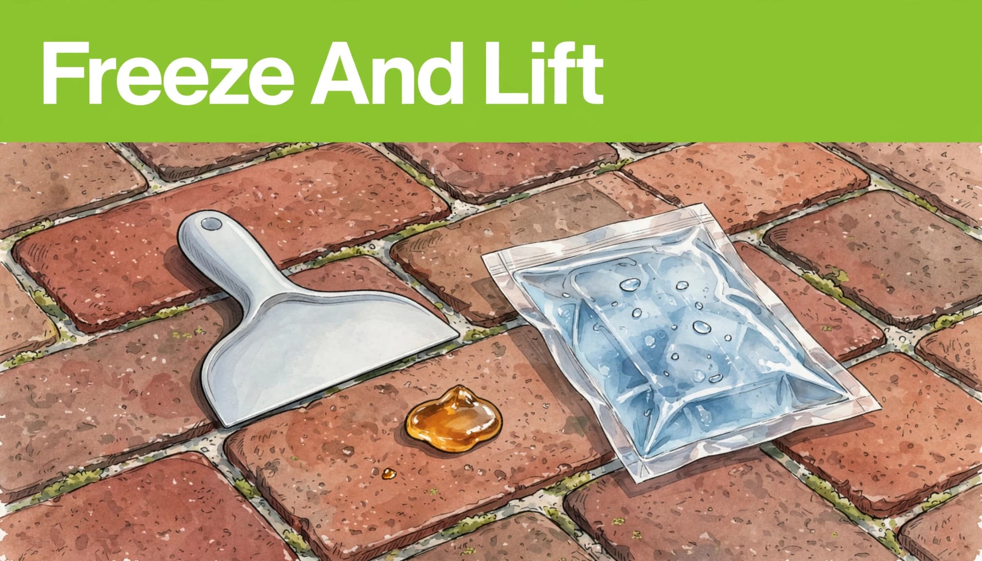 Illustration showing bagged ice and a plastic scraper for removing tree sap on pavers.