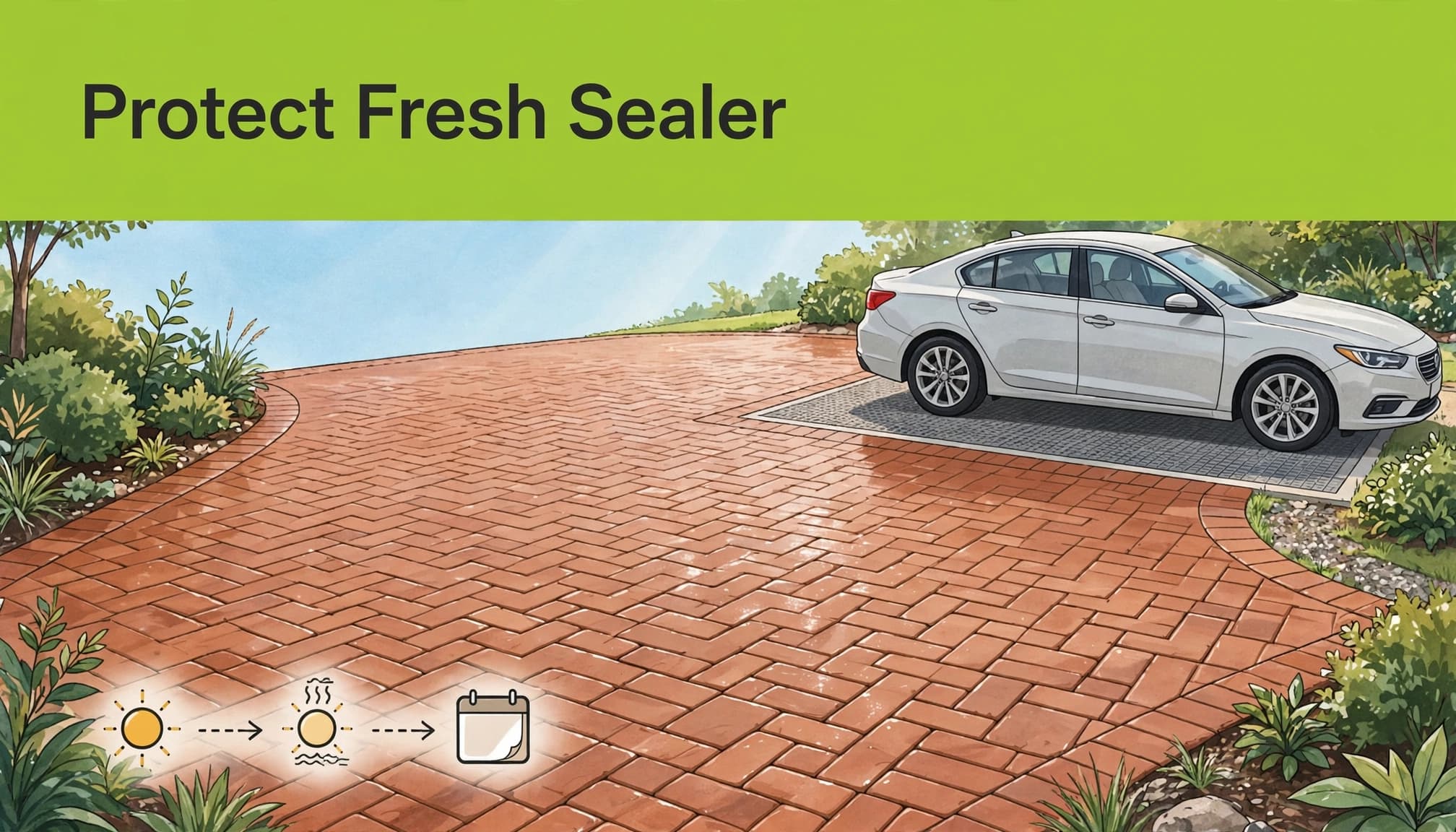 Illustration of a car and protective mat beside freshly sealed brick driveway paving.