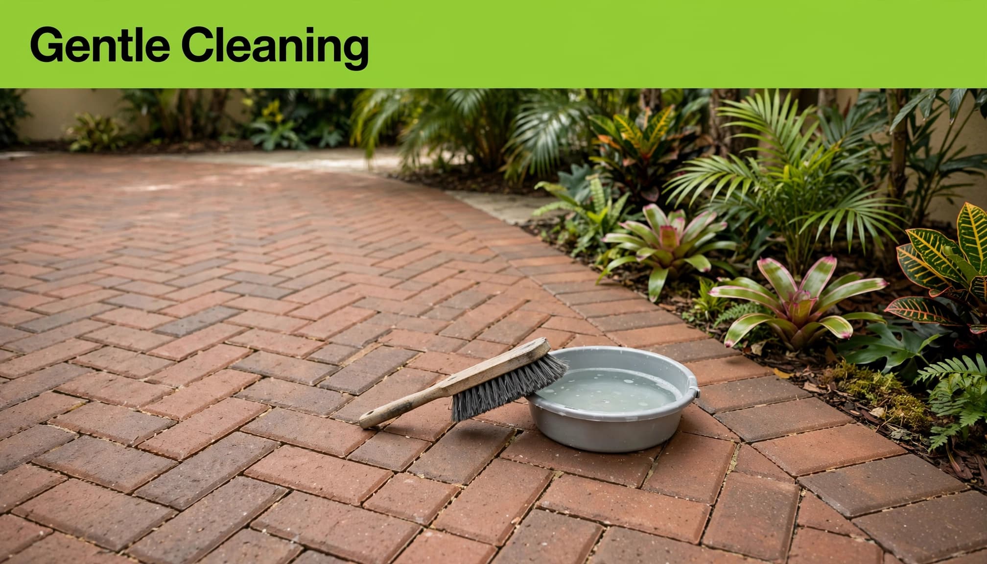 A brush and bucket of mild soapy water used to clean brick pavers with intact joints.