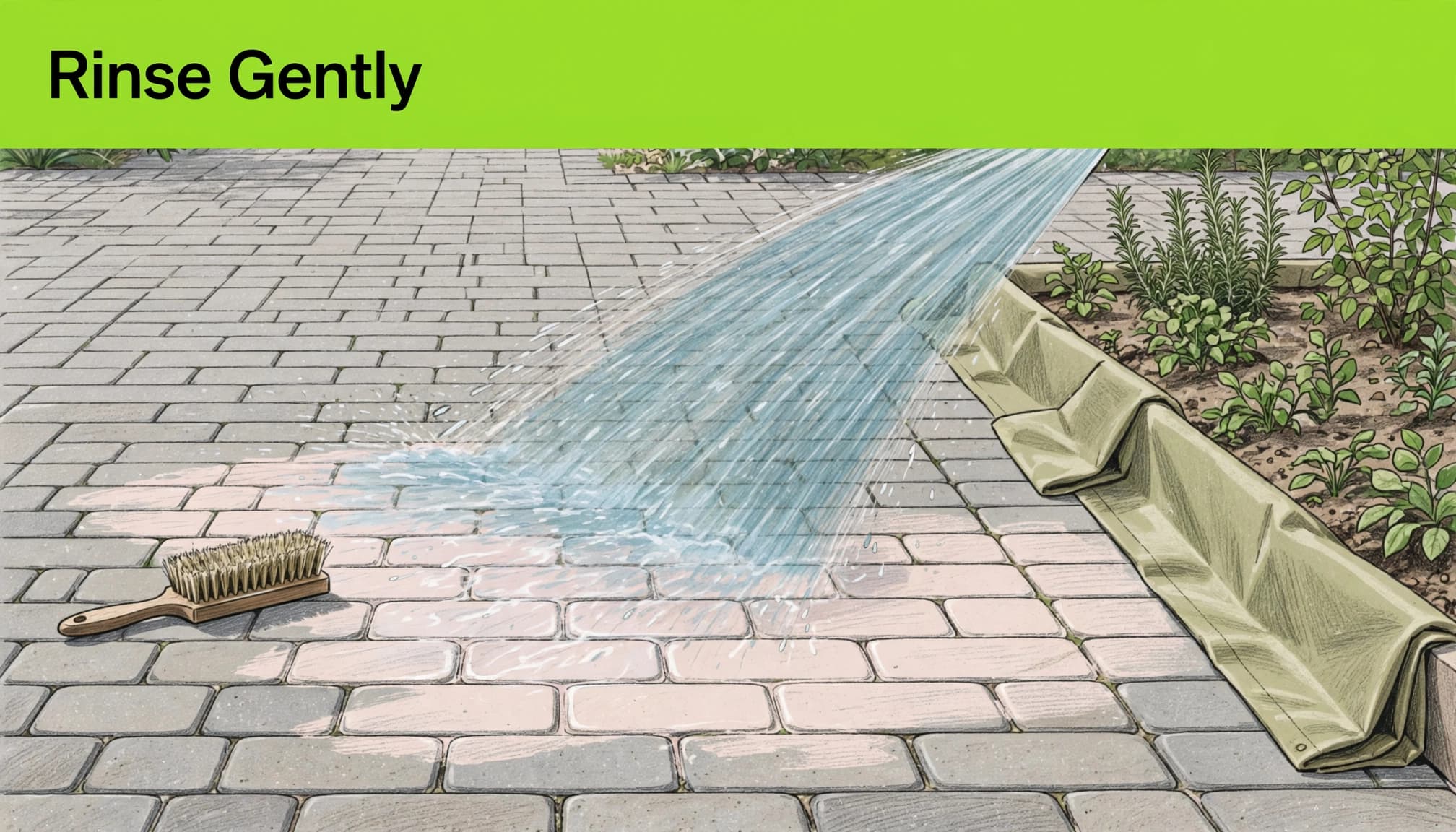 Illustration of gentle rinsing across patio pavers while protecting nearby planting