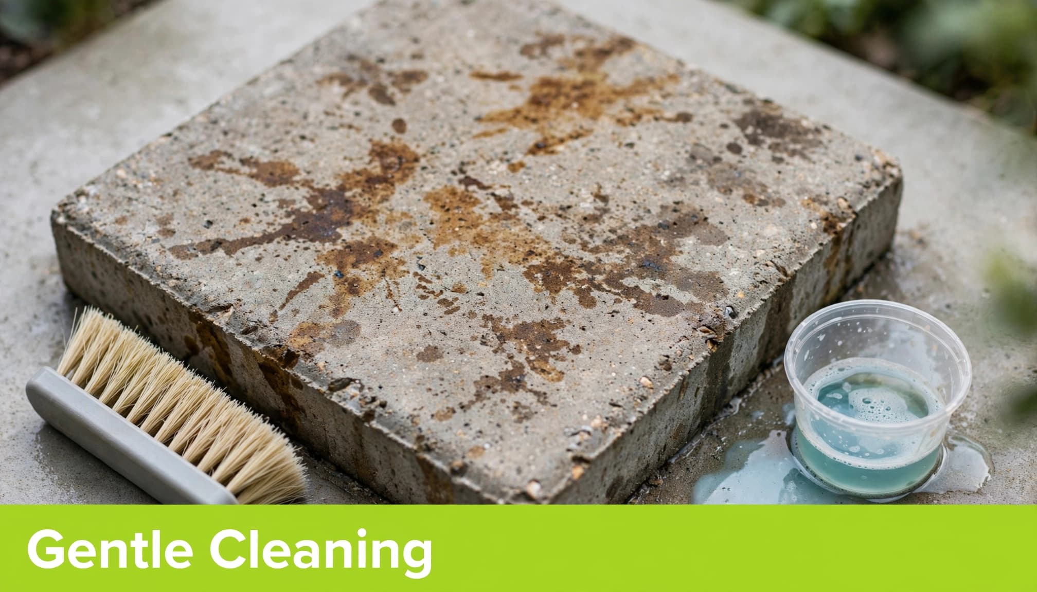 Gentle cleaning of leaf stains on pavers with a nylon brush.