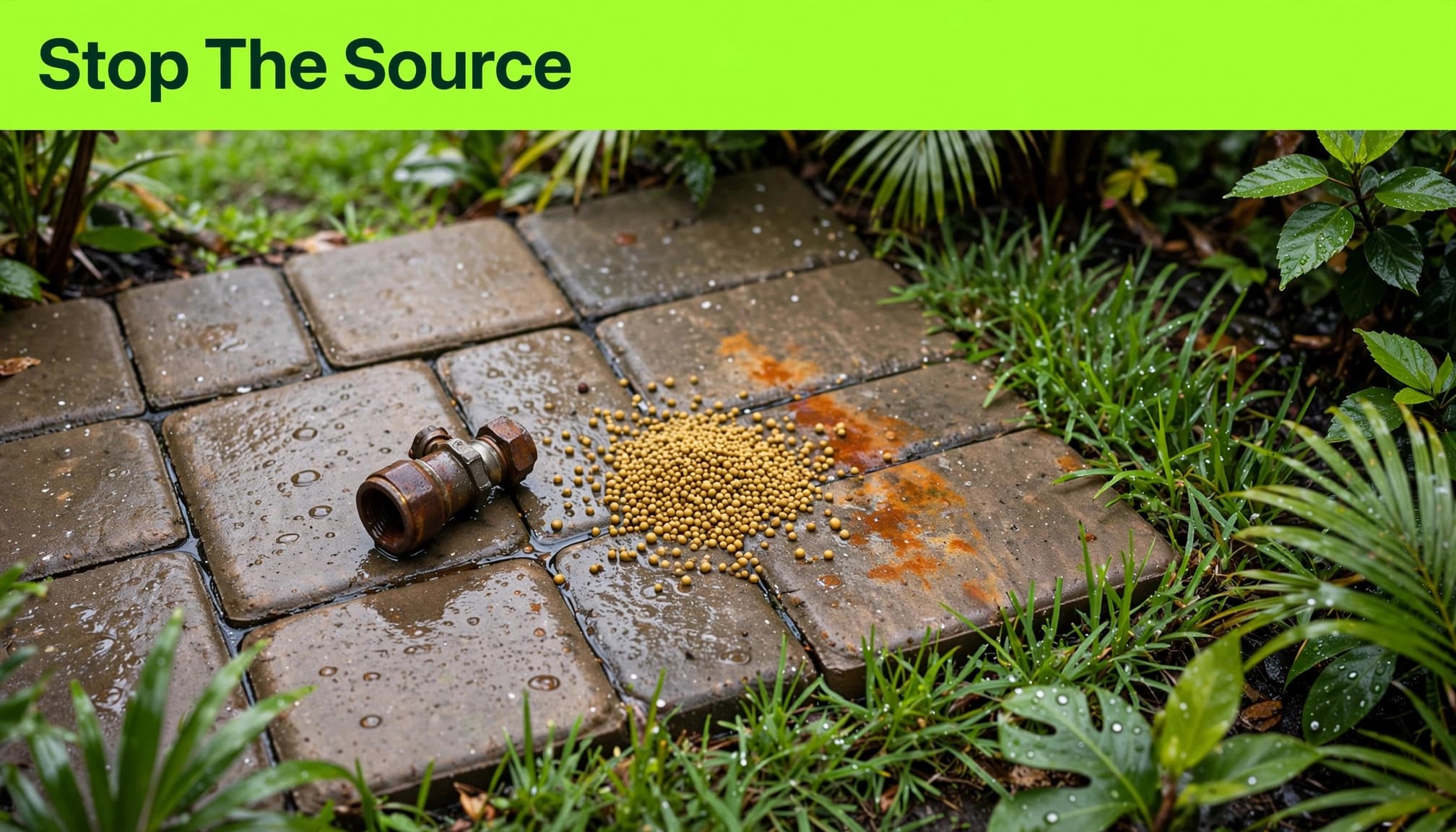 Rusty irrigation fitting and fertilizer granules beside an orange stain on brick pavers.