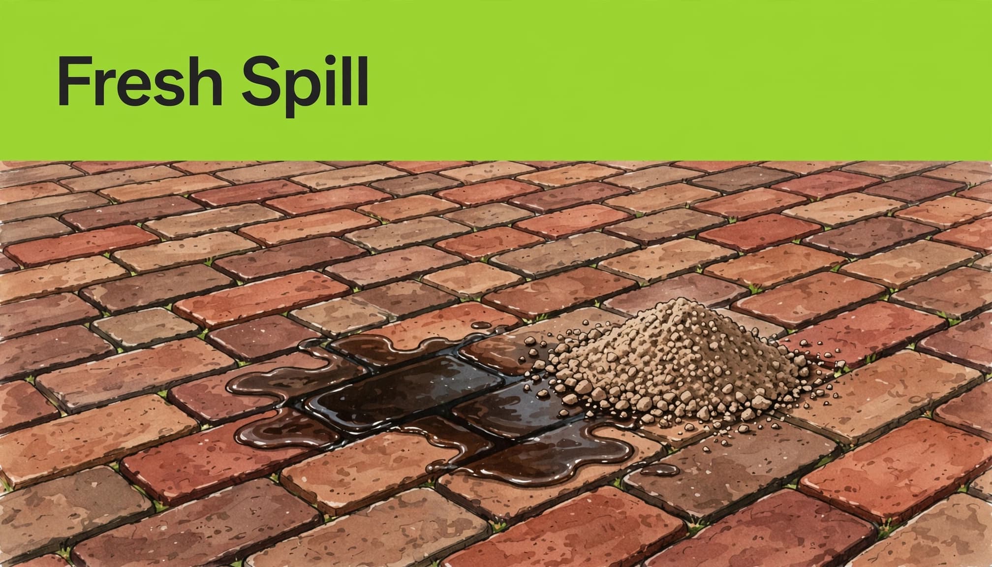 Absorbing oil stains on brick pavers with cat litter before washing.