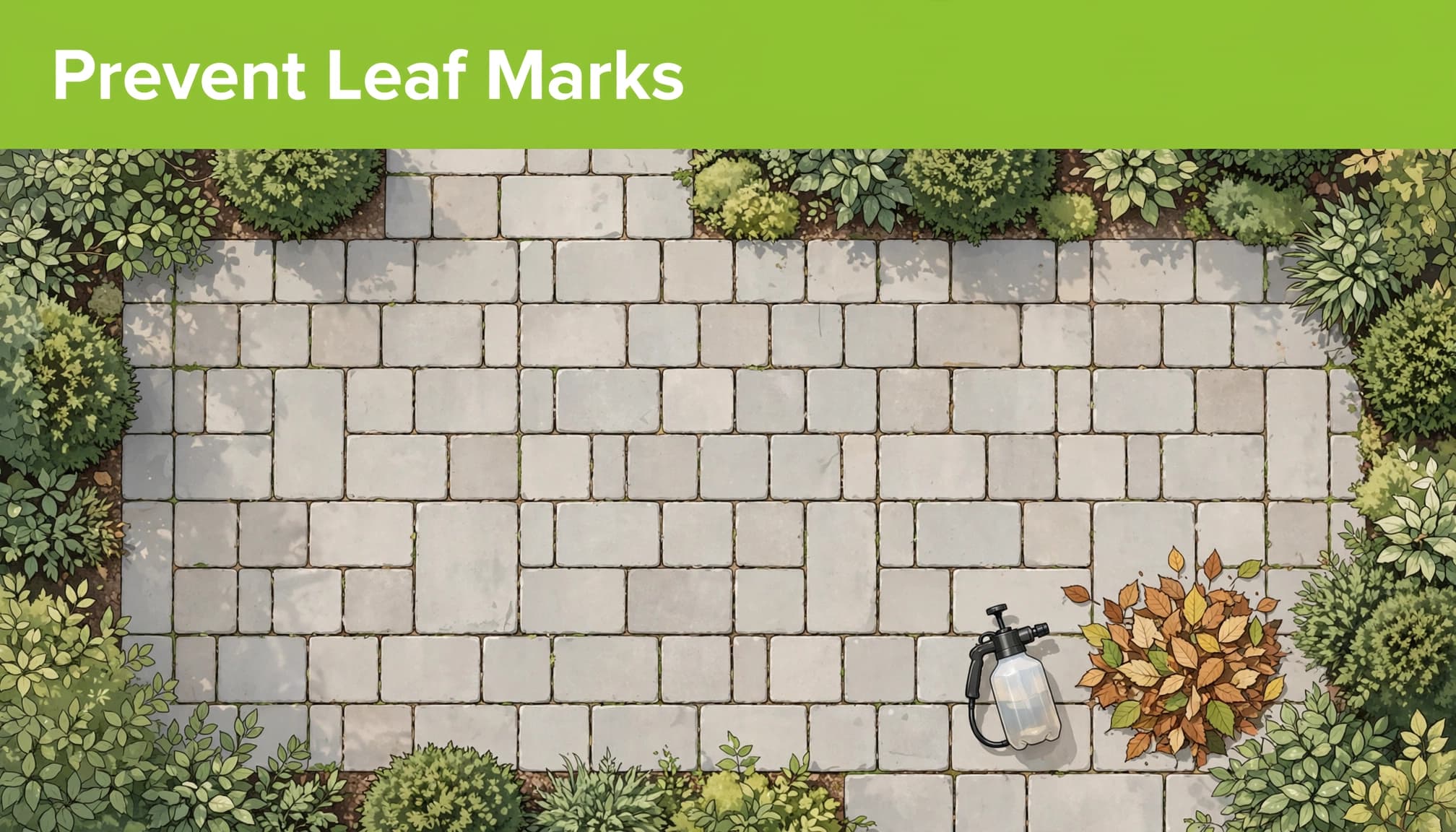 Sweeping leaves promptly to prevent leaf stains on pavers.