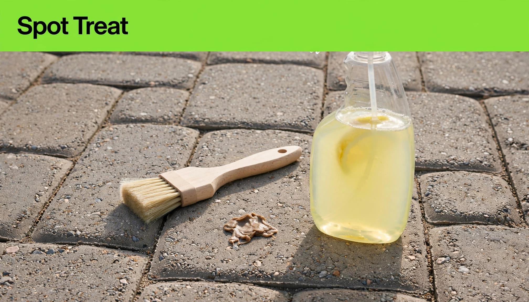 Citrus cleaner and a nylon brush beside gum residue on pavers.