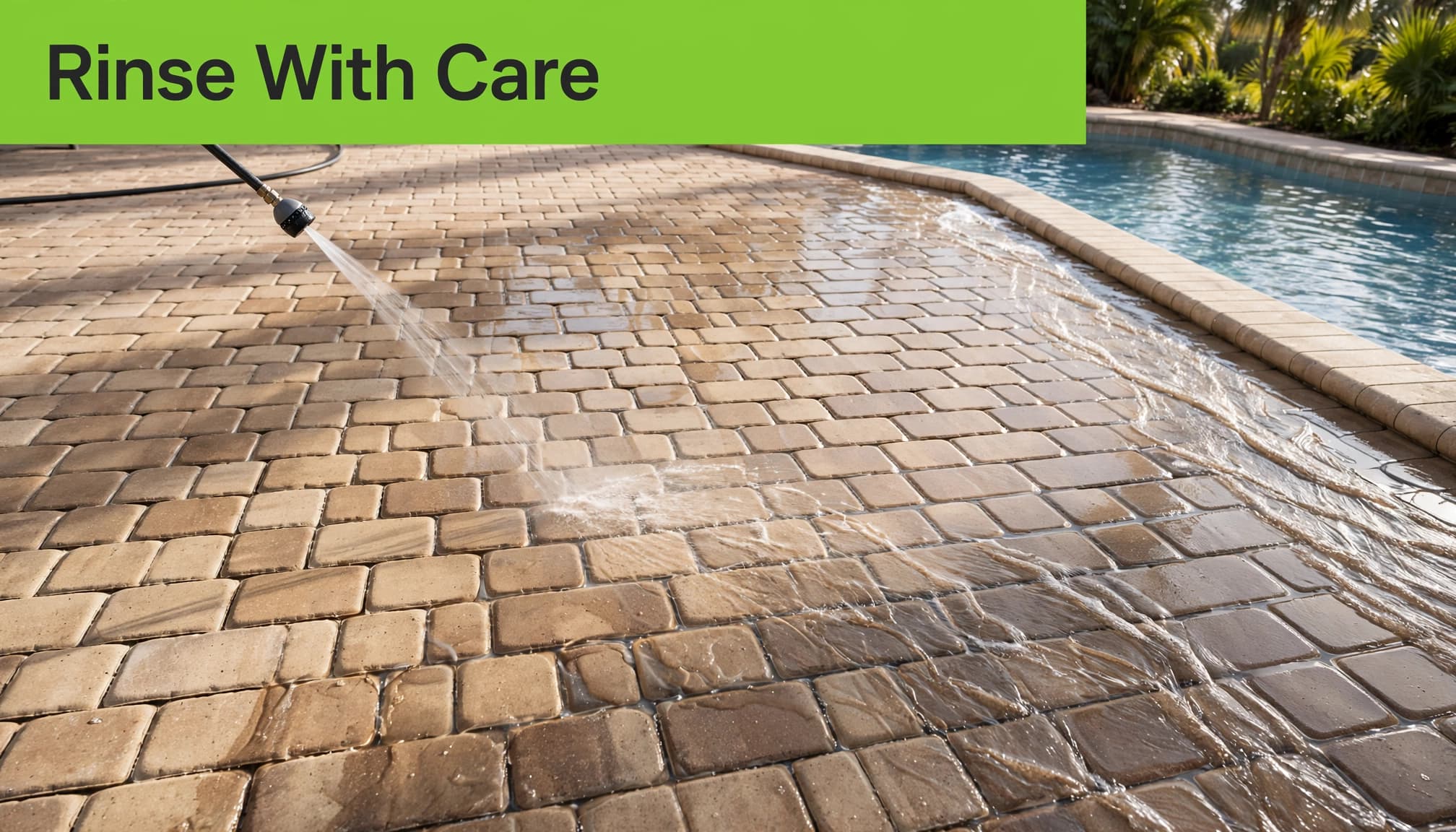 A hose gently rinses pool deck pavers after cleaning.