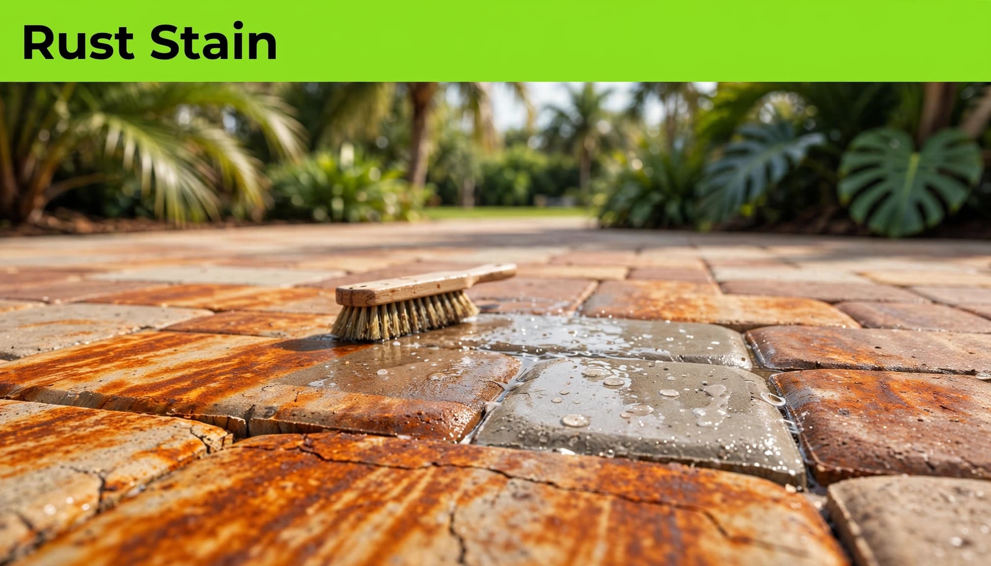 Rust stains on brick pavers beside a partly cleaned area and water rinse.