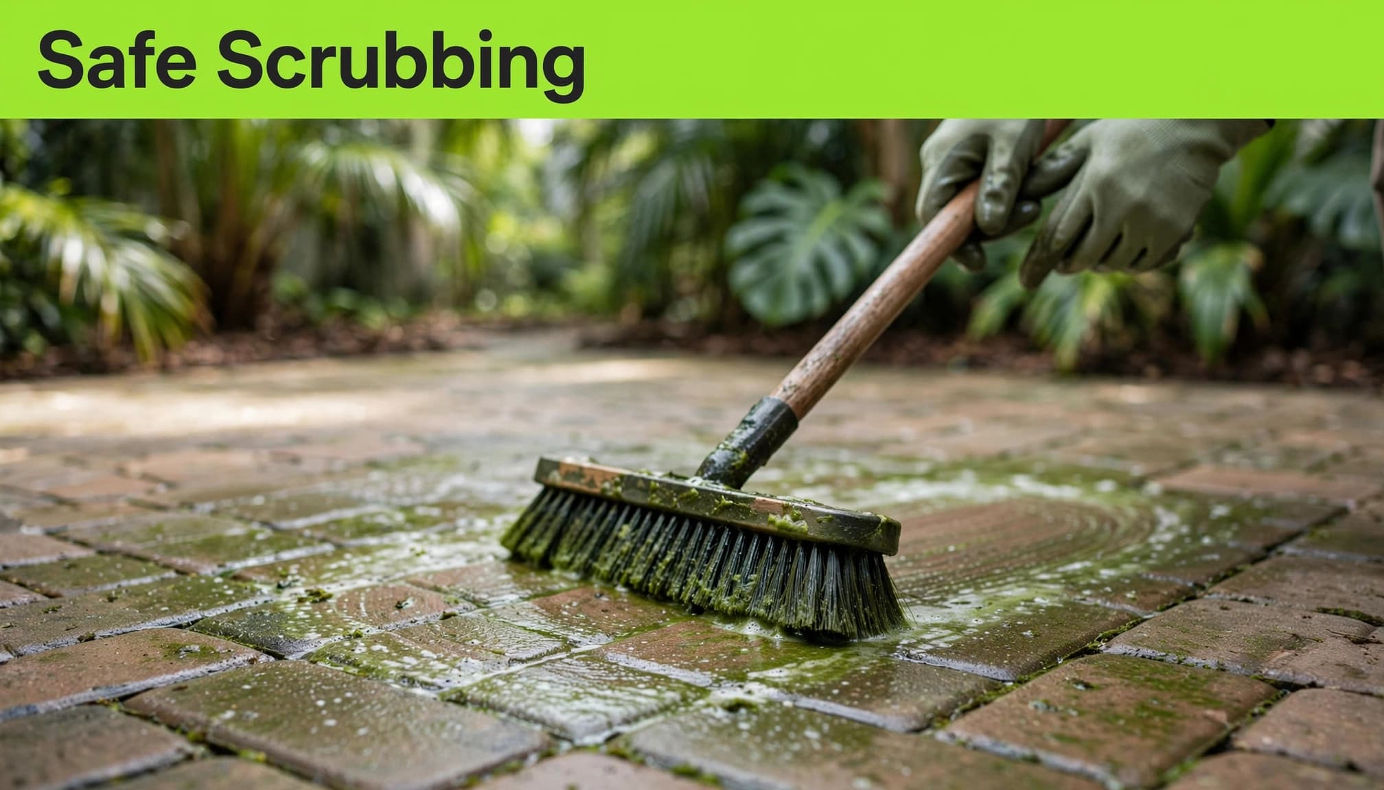 Gentle scrubbing removes algae on pavers with a nylon-bristle brush.