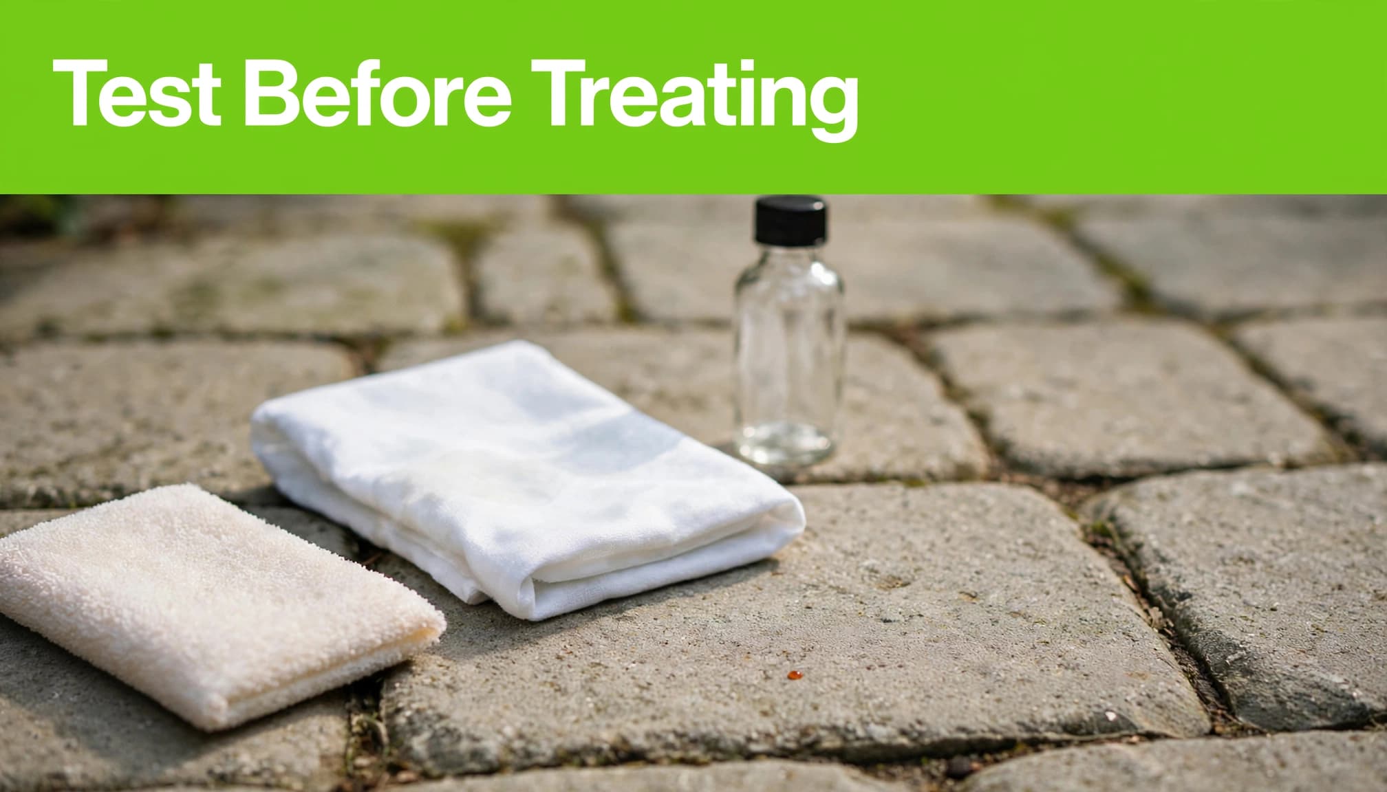 Illustration of a cloth and spot-treatment supplies beside tree sap on pavers.