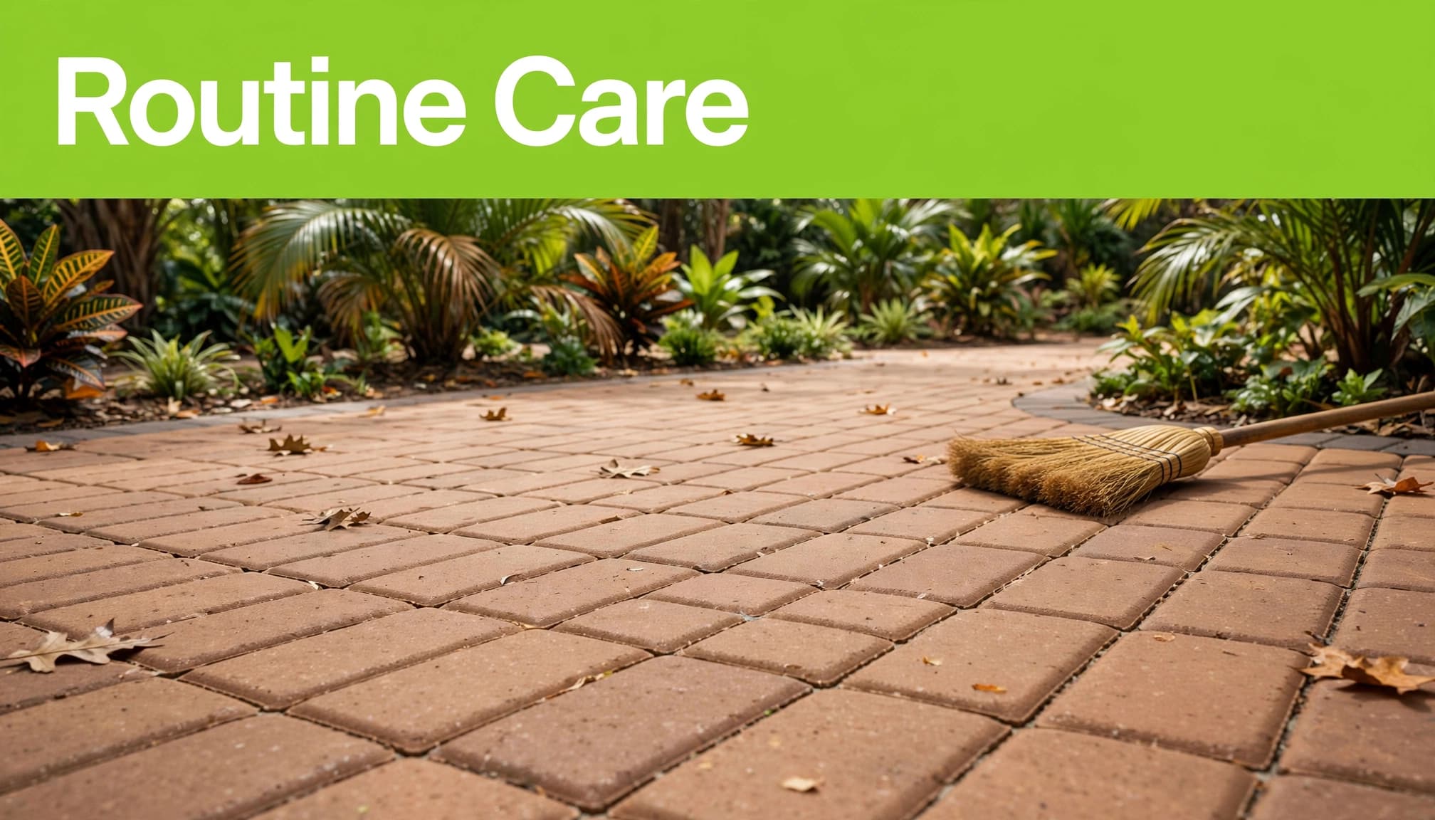 Brick paver maintenance schedule illustrated by a swept Florida patio with scattered leaves and a broom.