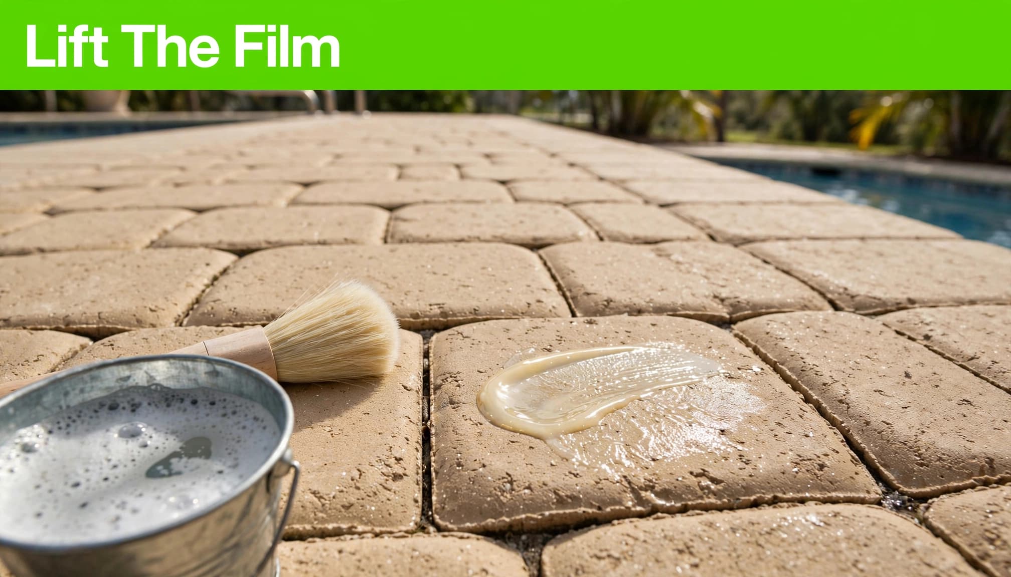 Sunscreen residue removal supplies beside a sunscreen smear on pool deck pavers.