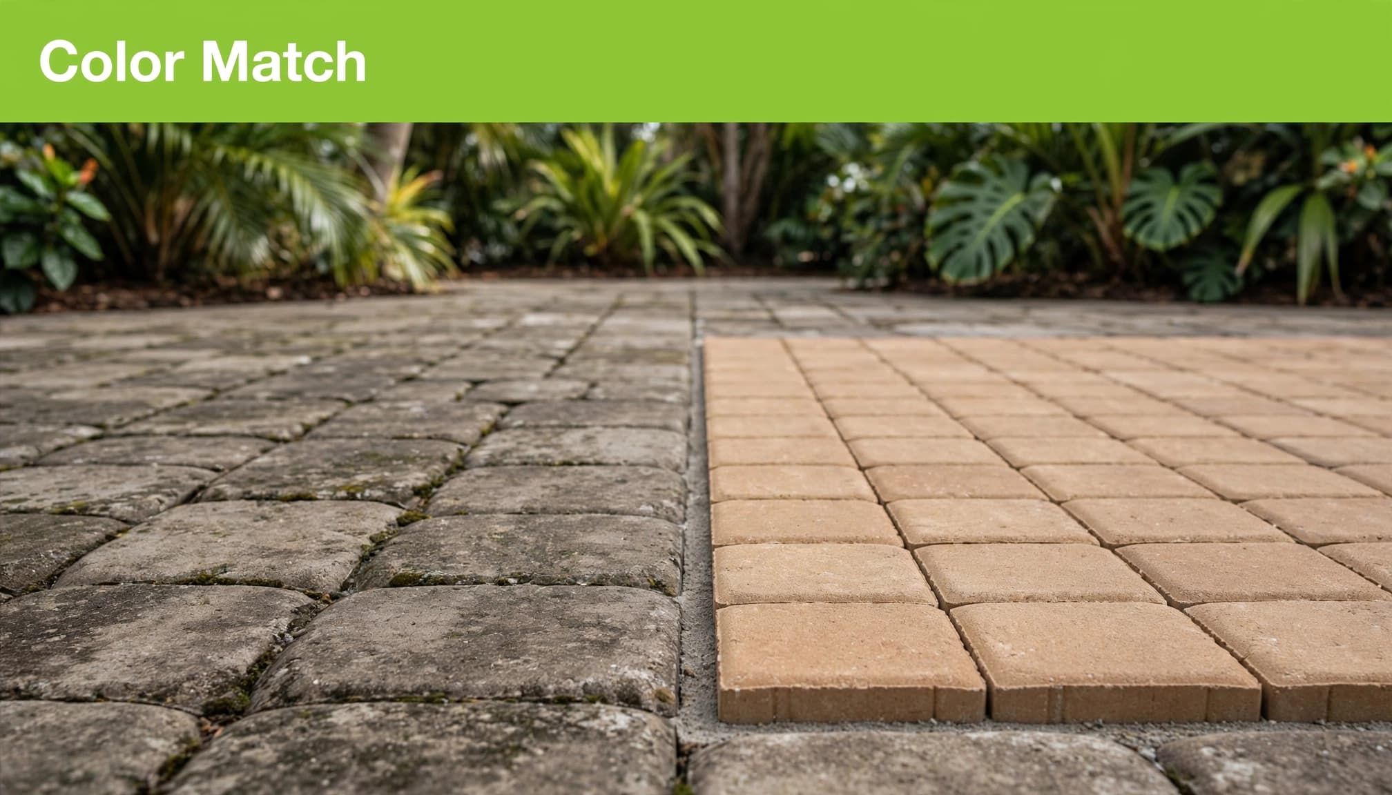 Samples for matching patio pavers beside weathered patio stones.